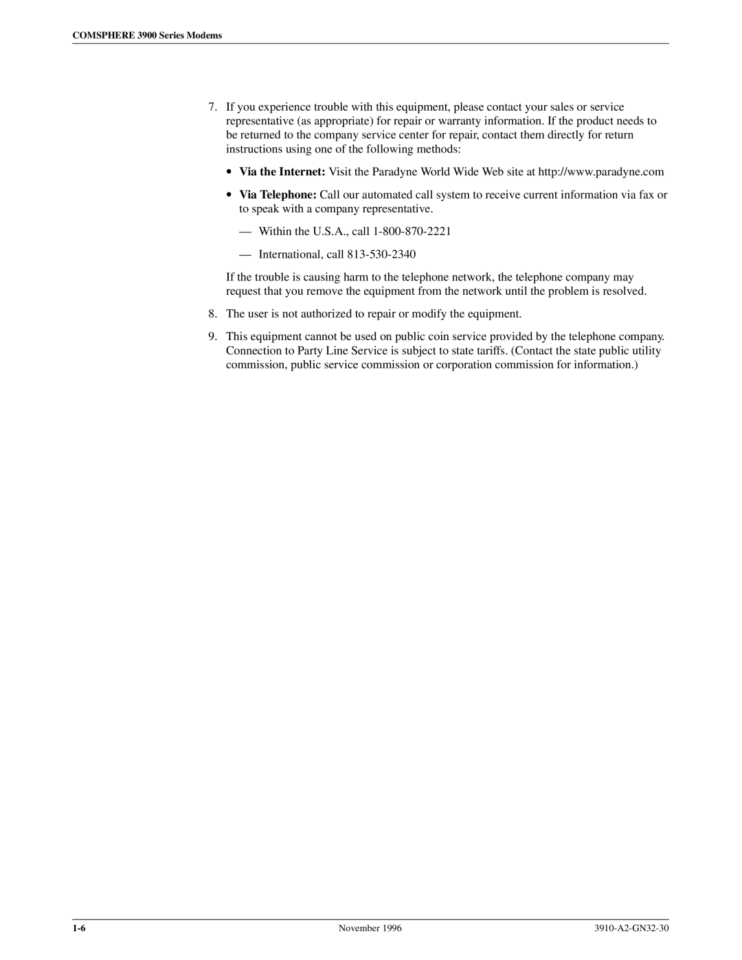 Paradyne 3910 operation manual Comsphere 3900 Series Modems 