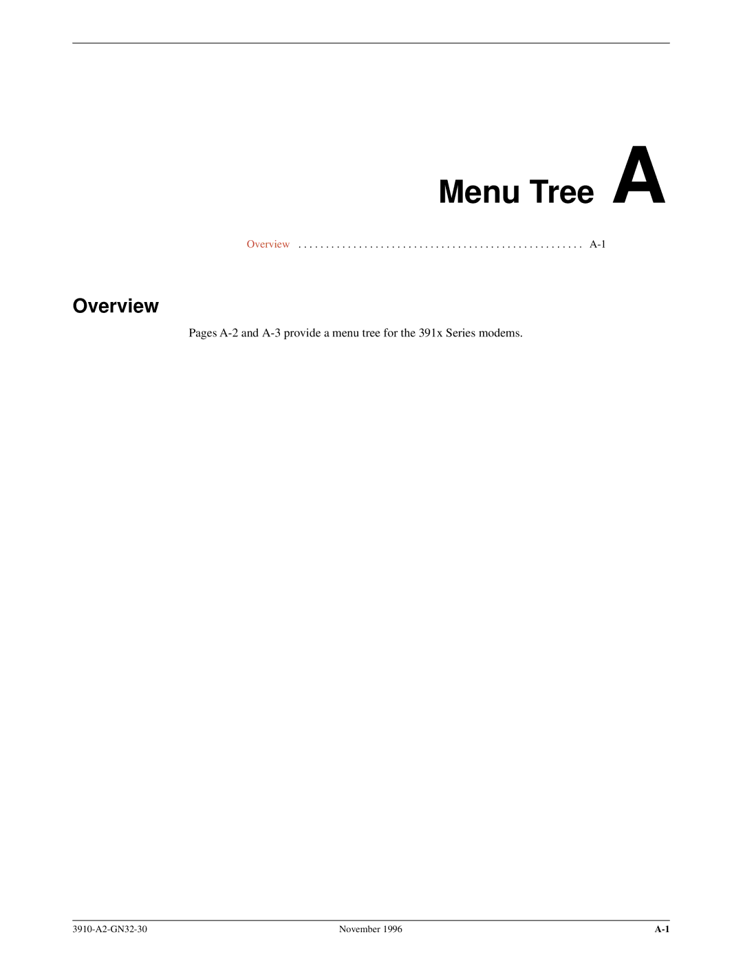 Paradyne 3910 operation manual Menu Tree a, Overview 