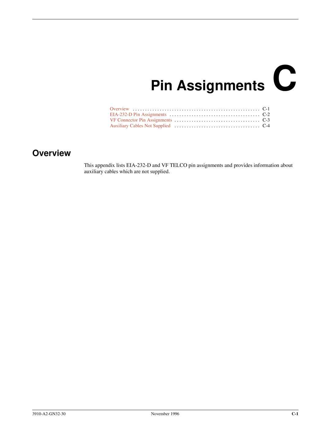 Paradyne 3910 operation manual Pin Assignments C, Overview 