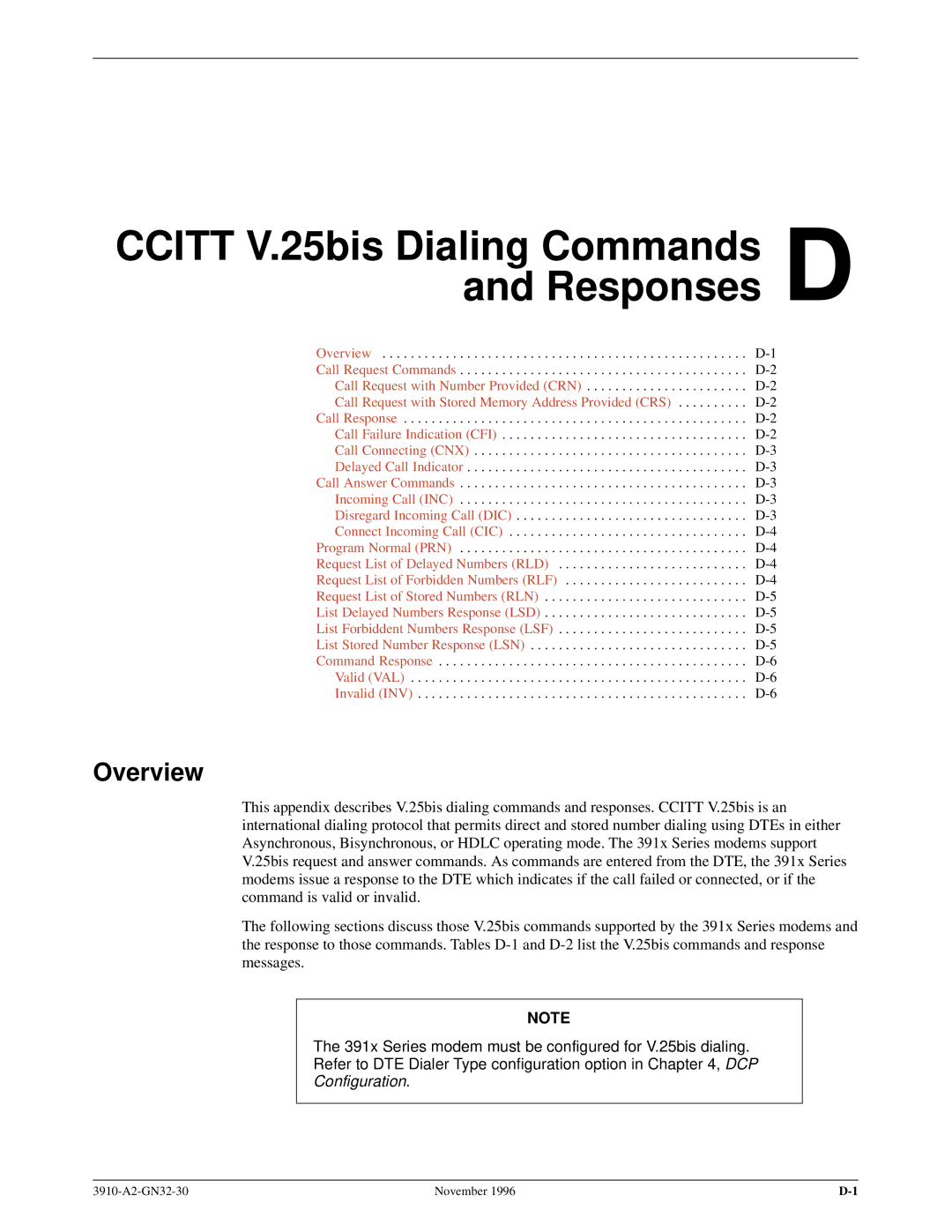 Paradyne 3910 operation manual Ccitt V.25bis Dialing Commands D and Responses, Overview 