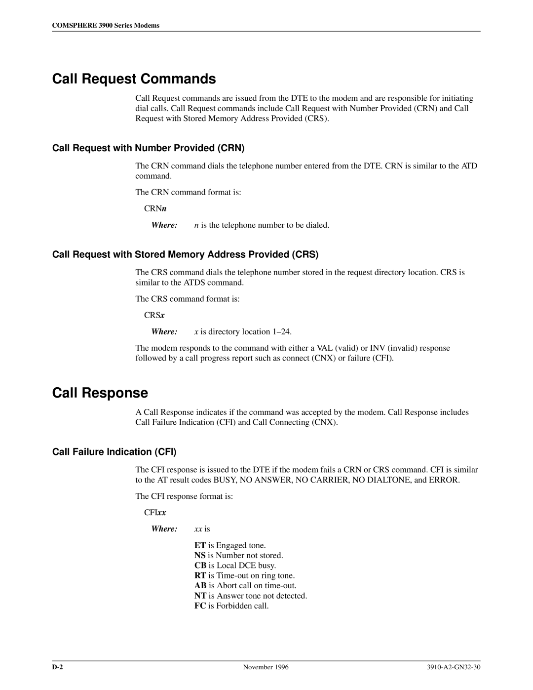 Paradyne 3910 Call Request Commands, Call Response, Call Request with Number Provided CRN, Call Failure Indication CFI 