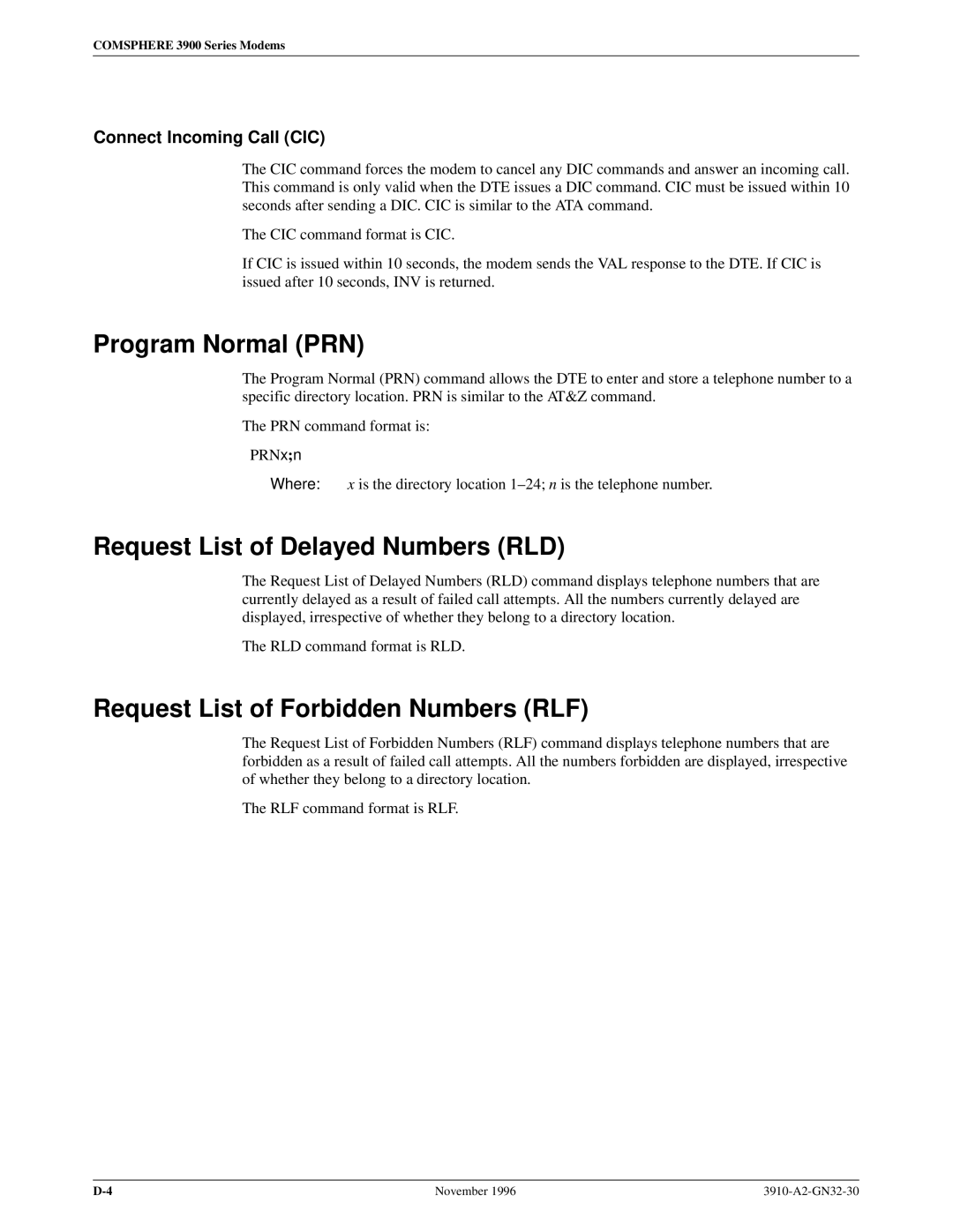 Paradyne 3910 Program Normal PRN, Request List of Delayed Numbers RLD, Request List of Forbidden Numbers RLF 