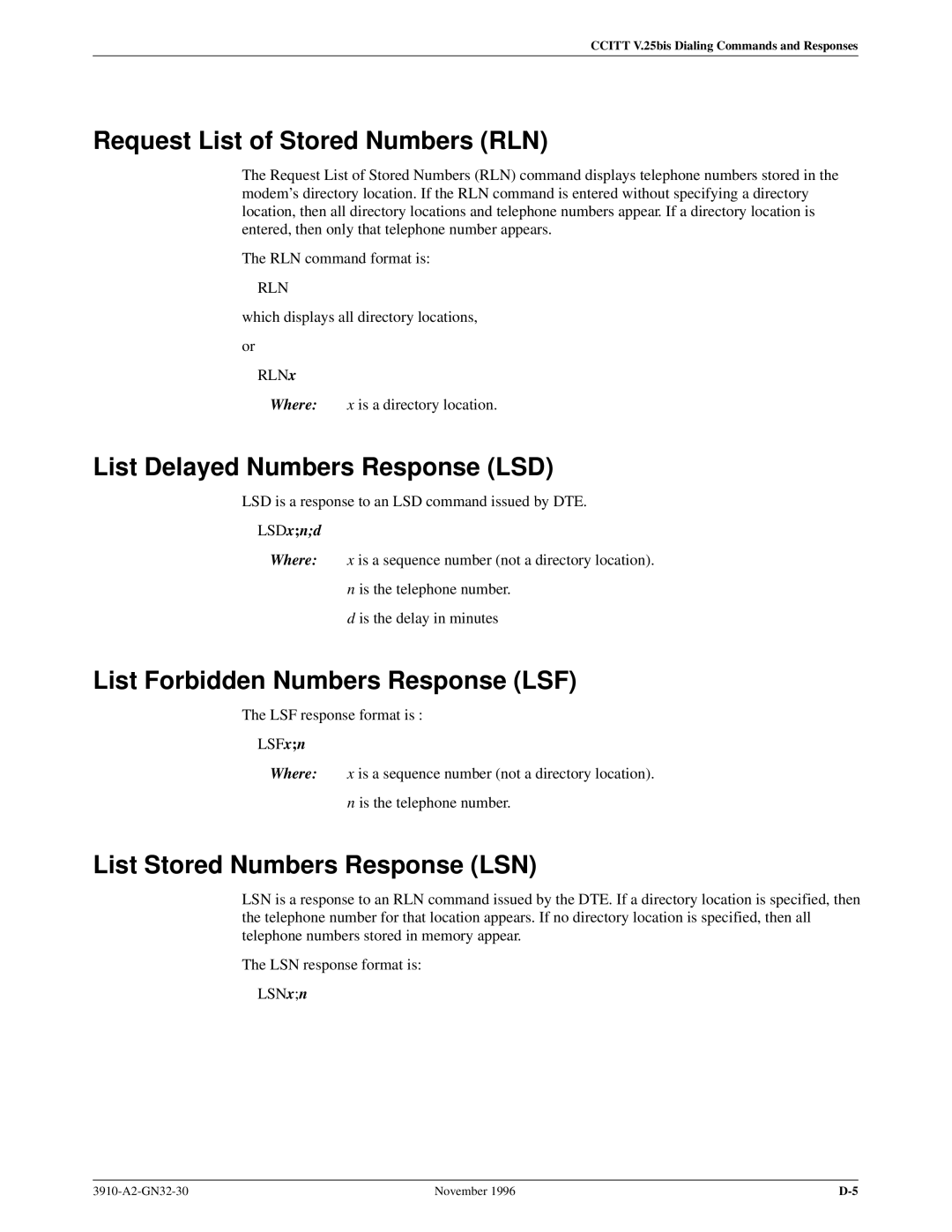 Paradyne 3910 Request List of Stored Numbers RLN, List Delayed Numbers Response LSD, List Forbidden Numbers Response LSF 