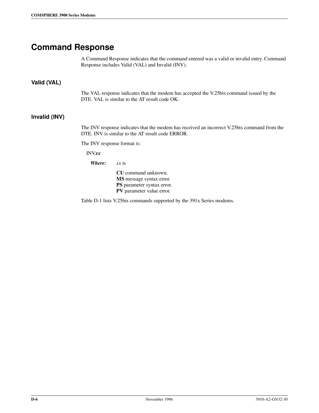 Paradyne 3910 operation manual Command Response, Valid VAL, Invalid INV 