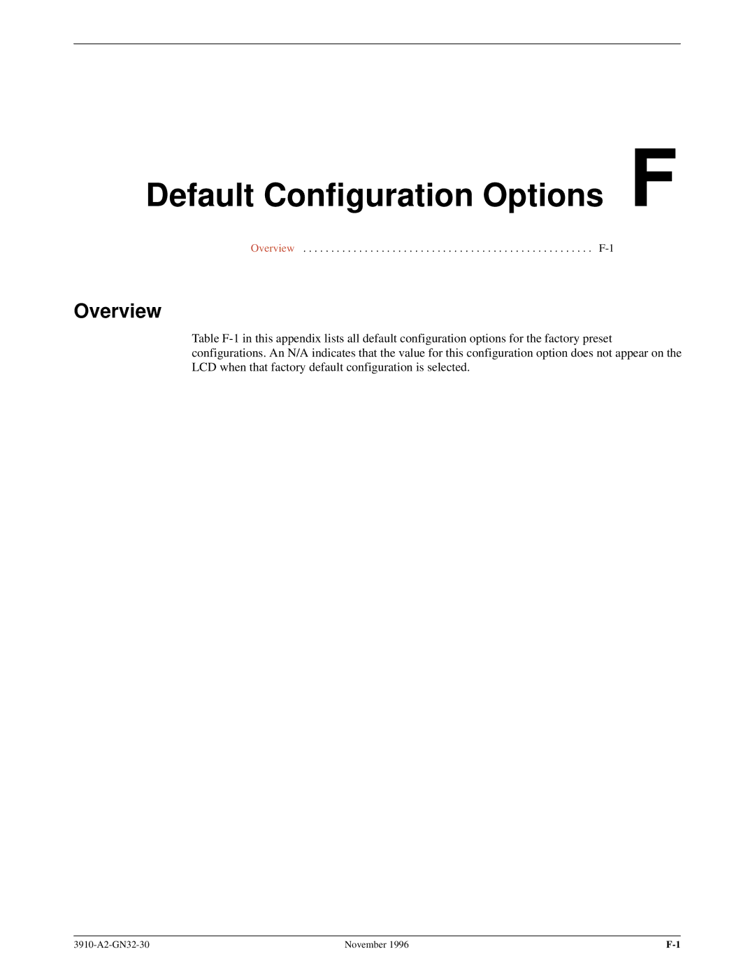 Paradyne 3910 operation manual Default Configuration Options F, Overview 