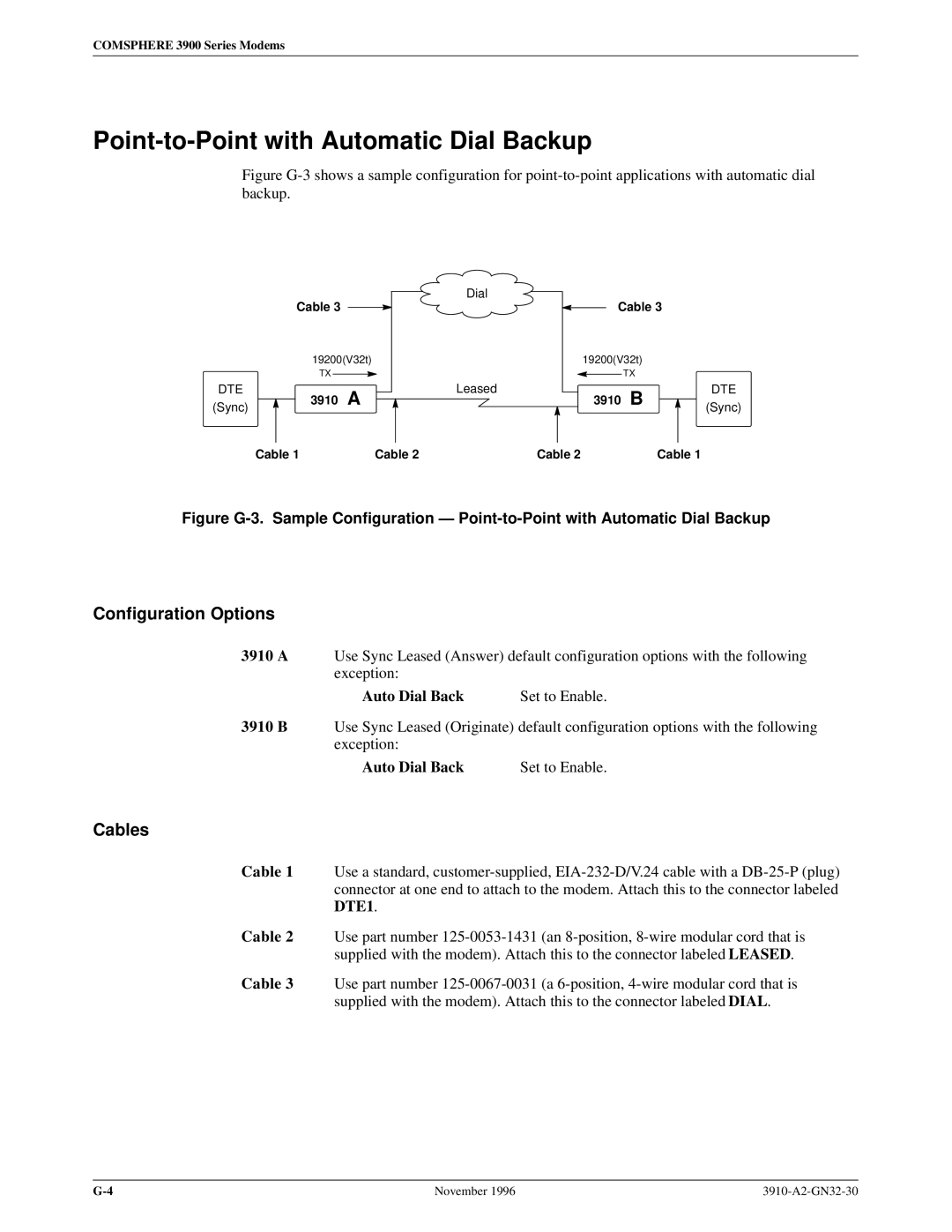 Paradyne 3910 operation manual Point-to-Point with Automatic Dial Backup, Auto Dial Back Set to Enable 