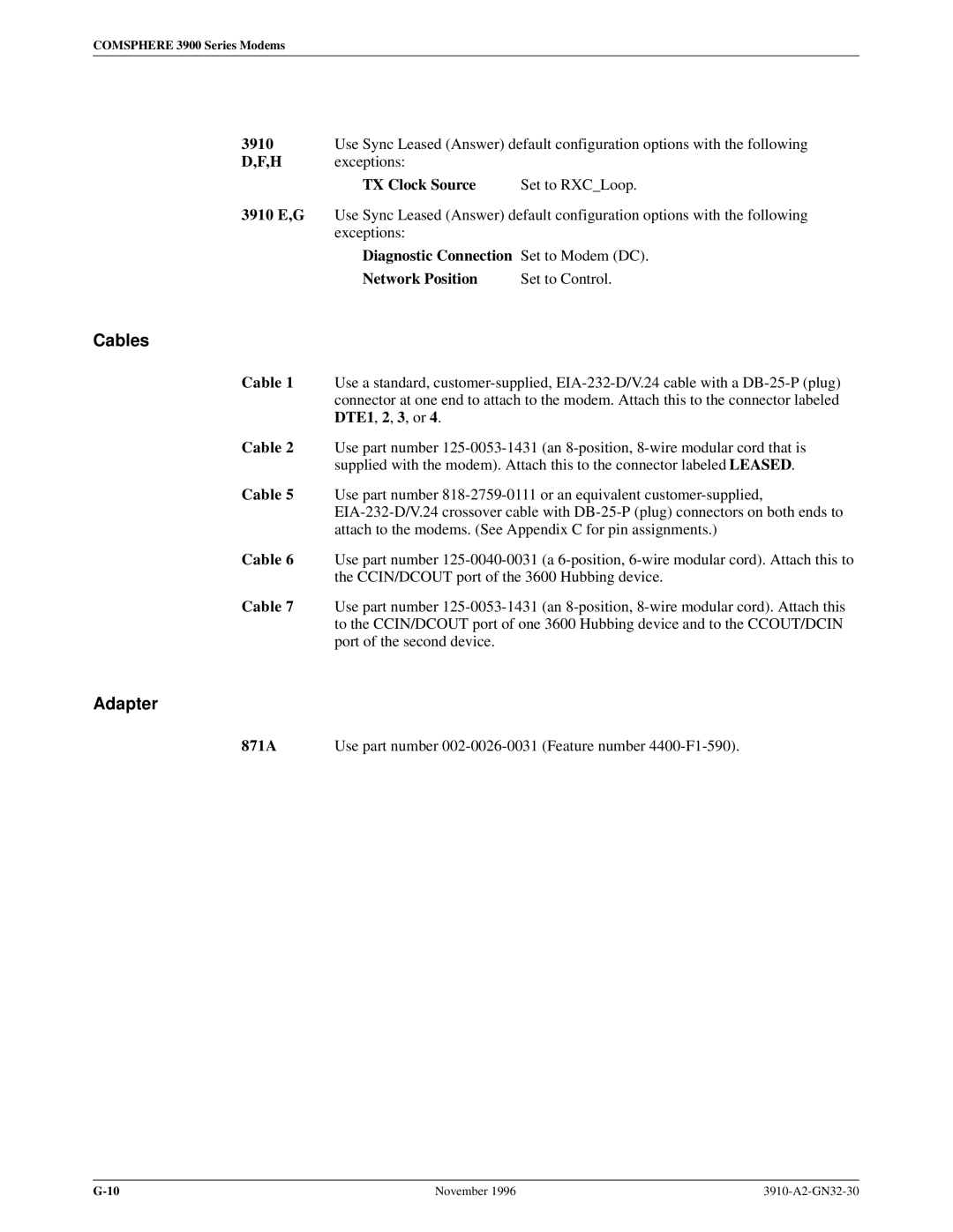 Paradyne operation manual Adapter, 3910 E,G, 871A 