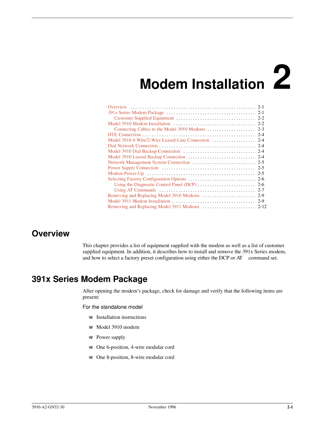 Paradyne 3910 operation manual Modem Installation, 391x Series Modem Package 