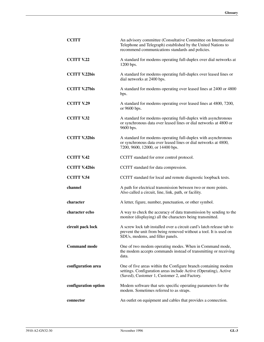 Paradyne 3910 Ccitt V.22bis, Ccitt V.27bis, Ccitt V.32bis, Ccitt V.42bis, Channel, Character echo, Circuit pack lock 