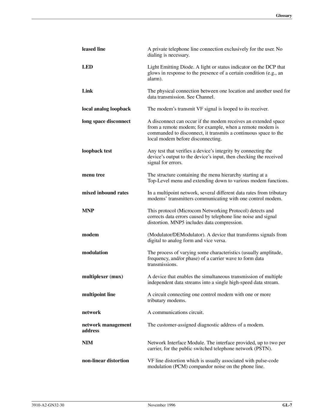 Paradyne 3910 Leased line, Link, Local analog loopback, Long space disconnect, Loopback test, Menu tree, Modem, Modulation 