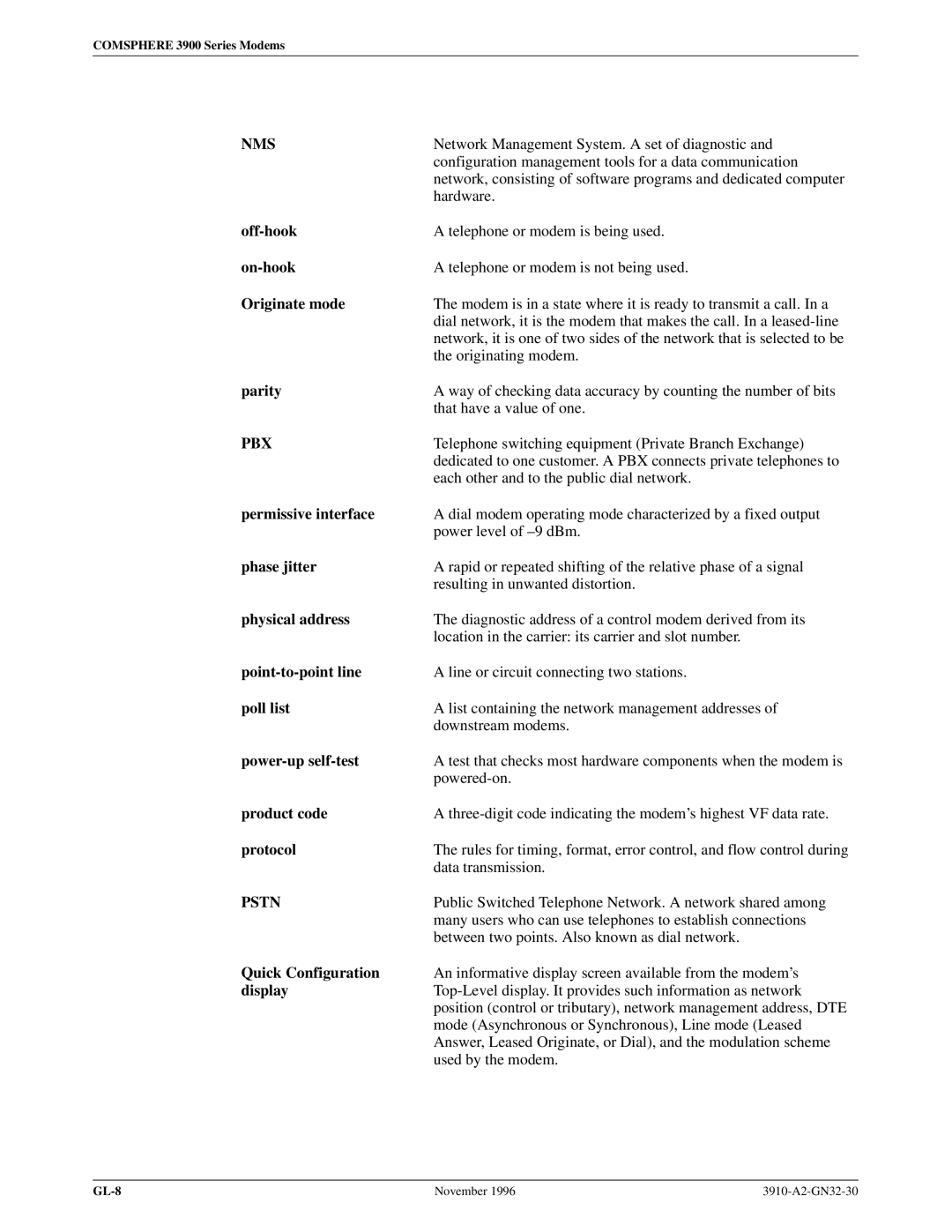 Paradyne 3910 Off-hook, On-hook, Originate mode, Parity, Permissive interface, Phase jitter, Physical address, Poll list 