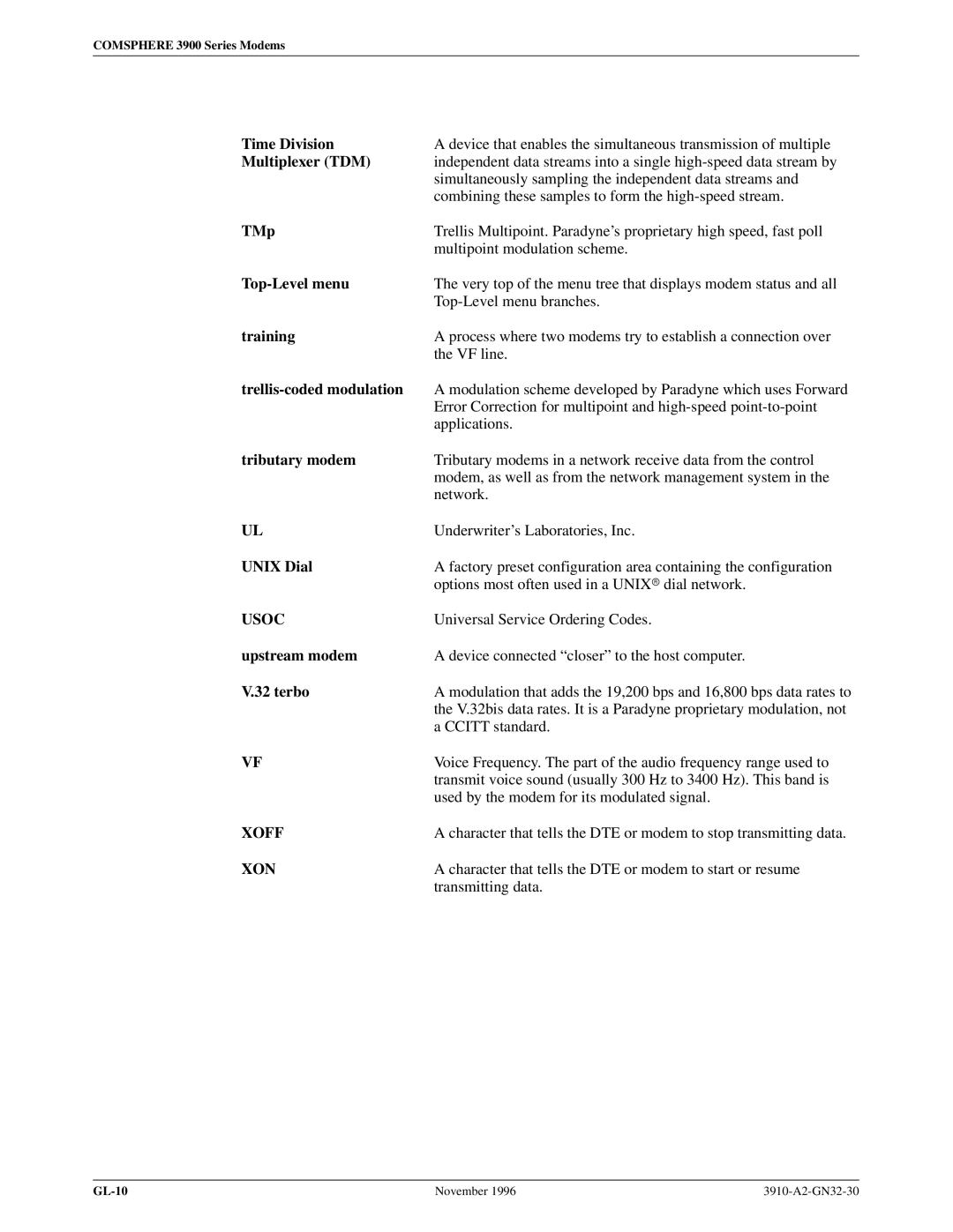 Paradyne 3910 Time Division, Multiplexer TDM, TMp, Top-Level menu, Training, Trellis-coded modulation, Tributary modem 