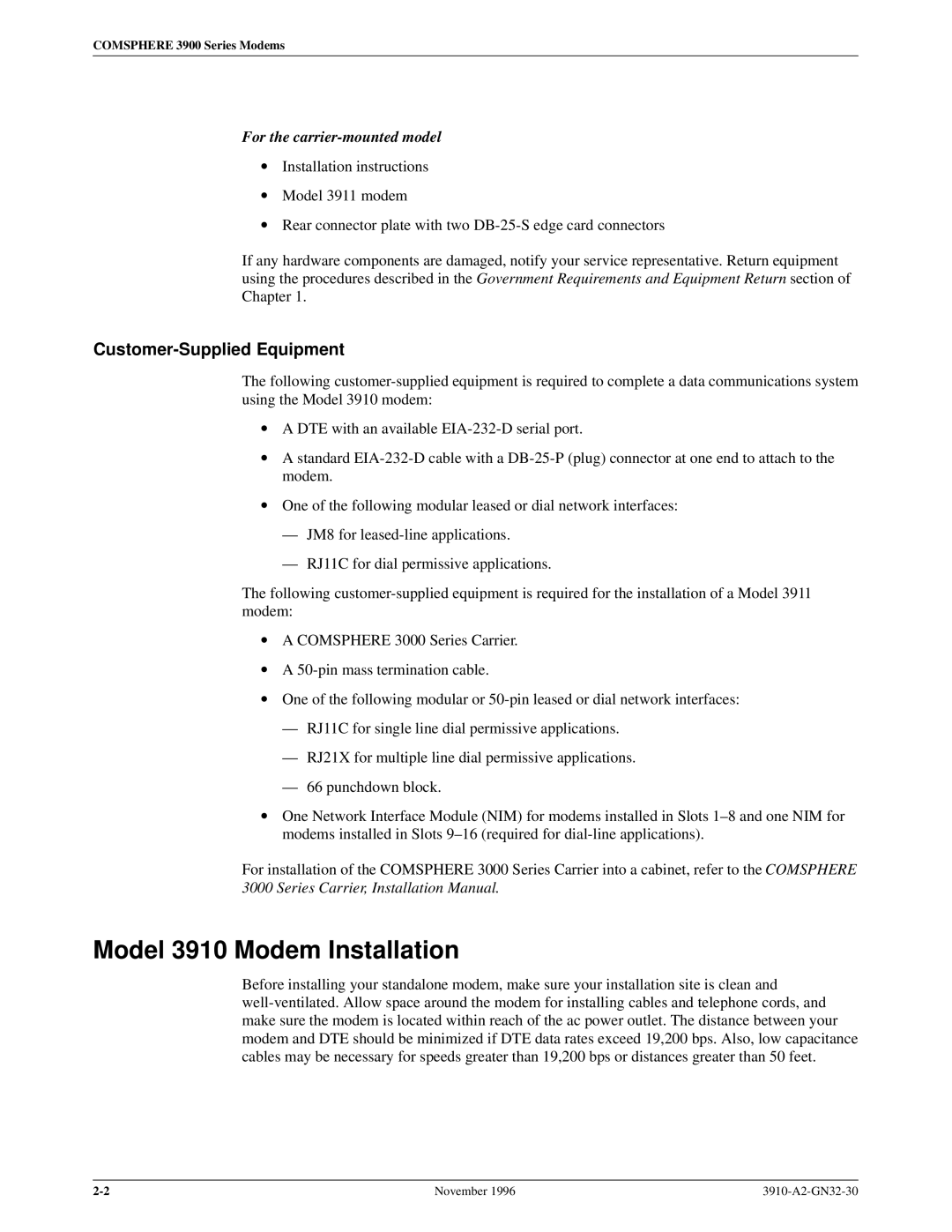 Paradyne operation manual Model 3910 Modem Installation, Customer-Supplied Equipment 