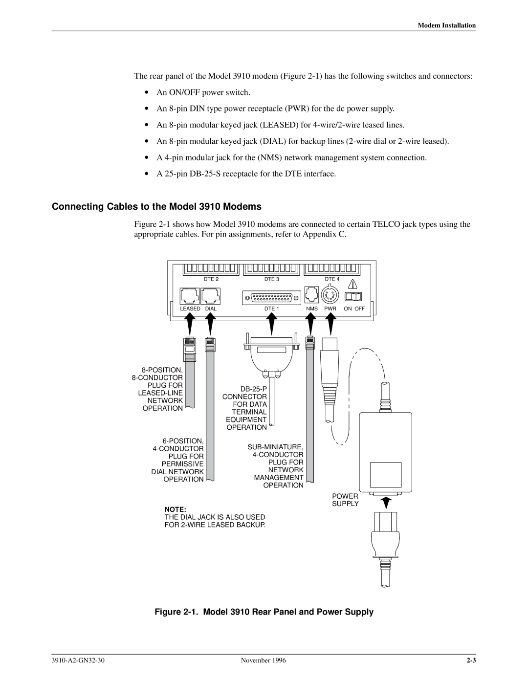 Paradyne operation manual Connecting Cables to the Model 3910 Modems, Model 3910 Rear Panel and Power Supply 