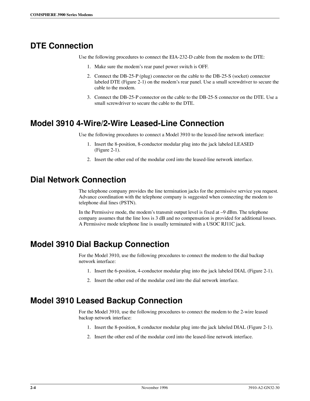 Paradyne operation manual DTE Connection, Model 3910 4-Wire/2-Wire Leased-Line Connection, Dial Network Connection 