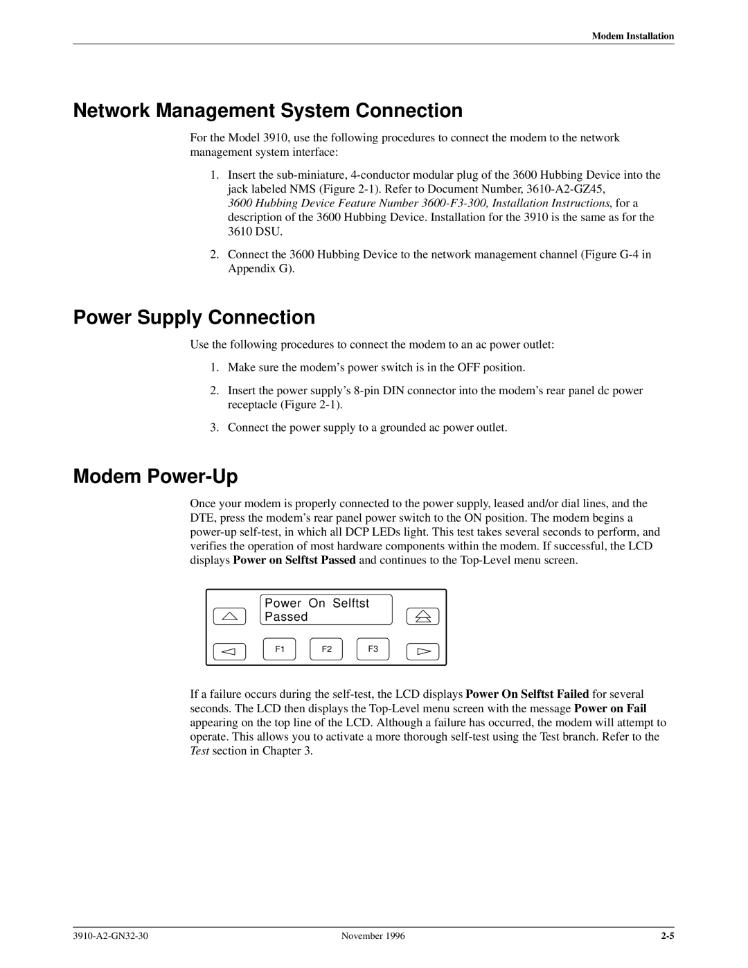 Paradyne 3910 Network Management System Connection, Power Supply Connection, Modem Power-Up, Power On Selftst Passed 