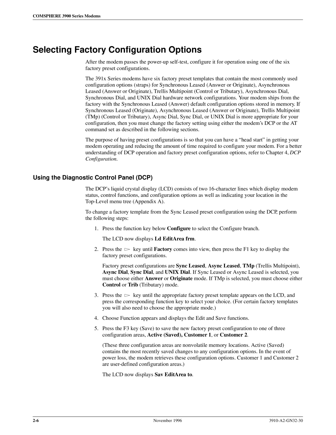 Paradyne 3910 operation manual Selecting Factory Configuration Options, Using the Diagnostic Control Panel DCP 