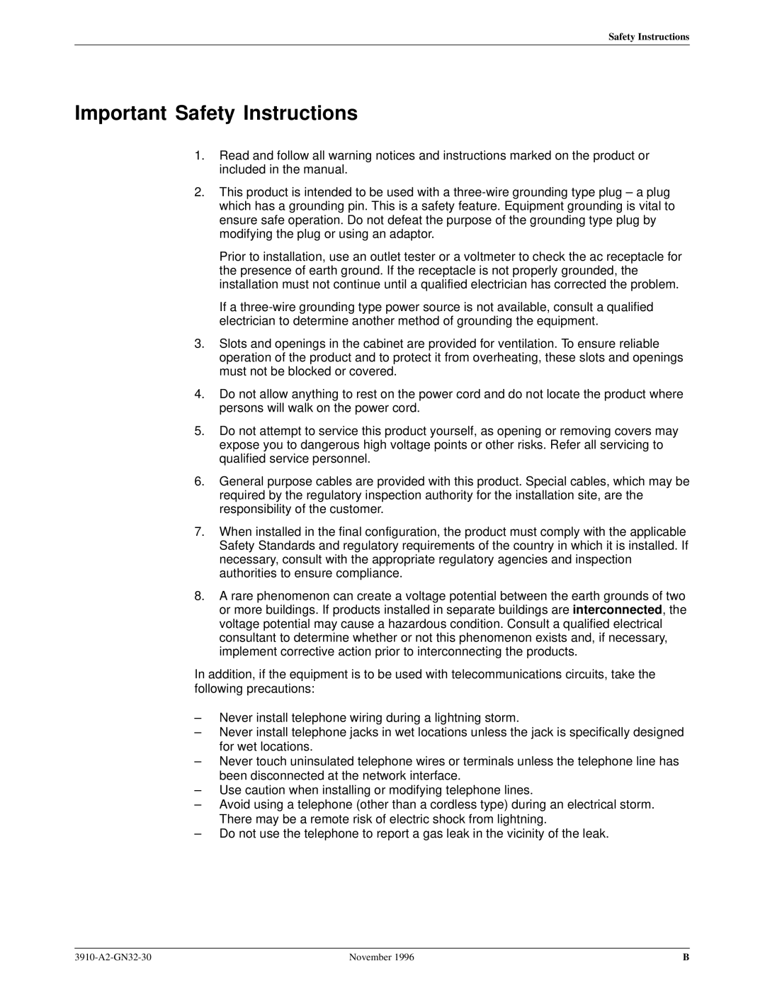 Paradyne 3910 operation manual Important Safety Instructions 