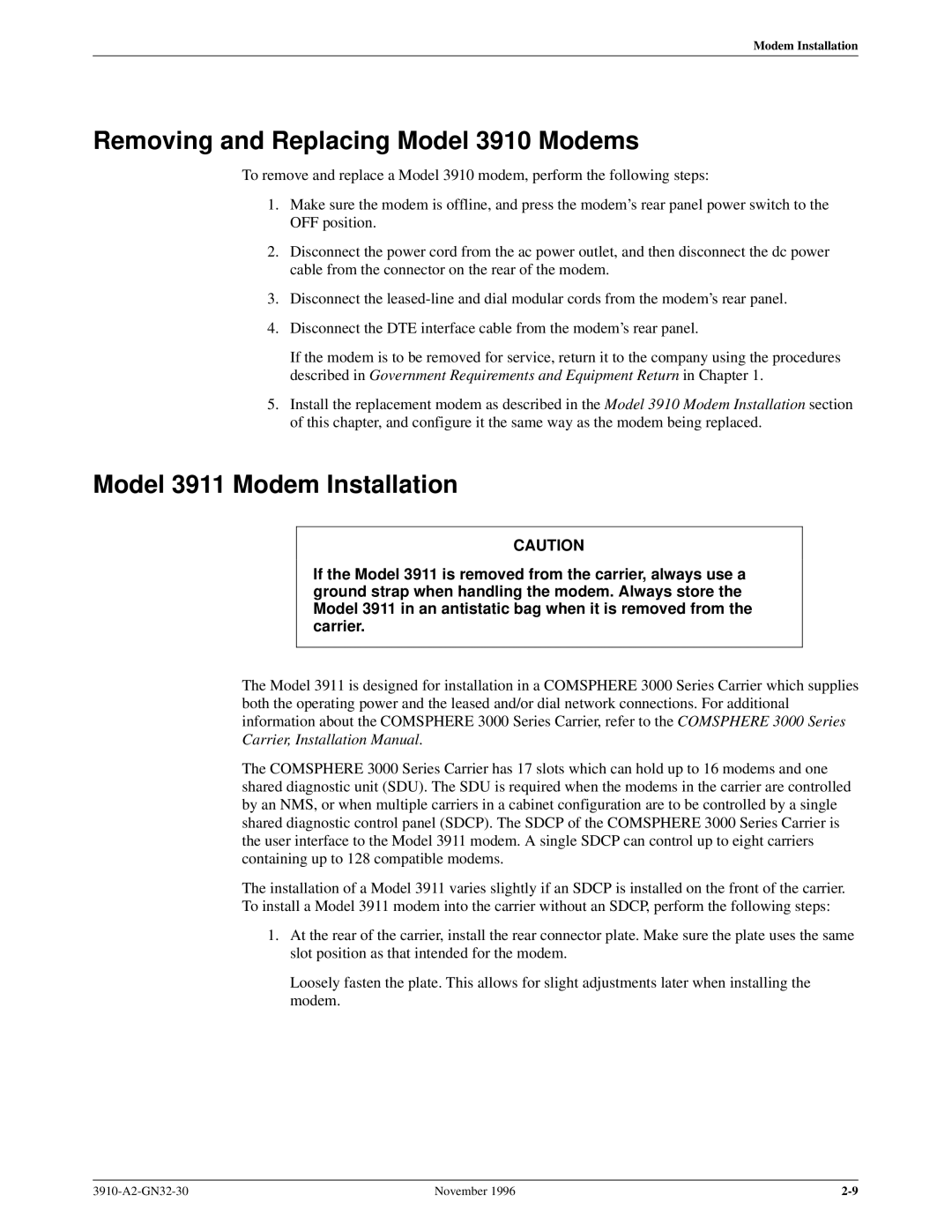 Paradyne operation manual Removing and Replacing Model 3910 Modems, Model 3911 Modem Installation 