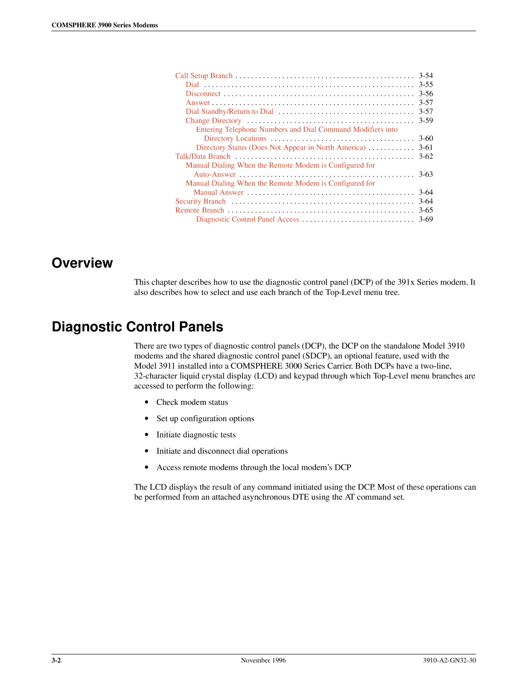 Paradyne 3910 operation manual Overview, Diagnostic Control Panels 