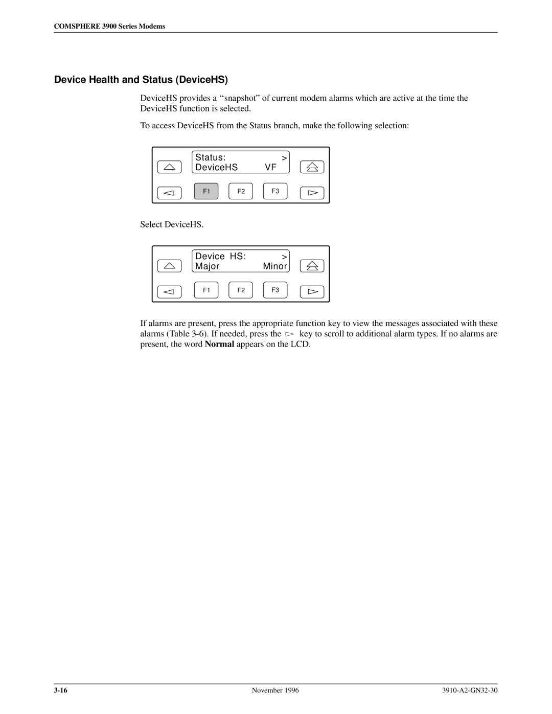 Paradyne 3910 operation manual Device Health and Status DeviceHS, Status DeviceHS VF, Device HS Major Minor 