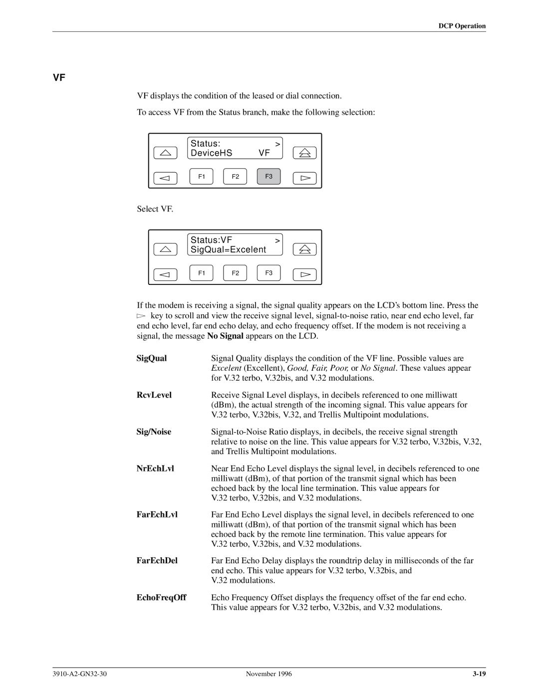 Paradyne 3910 operation manual SigQual, RcvLevel, Sig/Noise, NrEchLvl, FarEchLvl, FarEchDel, EchoFreqOff 