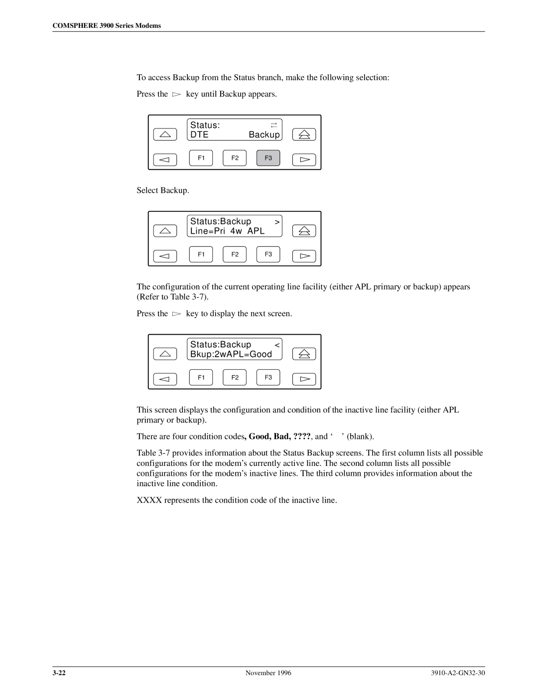 Paradyne 3910 operation manual StatusBackup Line=Pri 4w APL, StatusBackup Bkup2wAPL=Good 