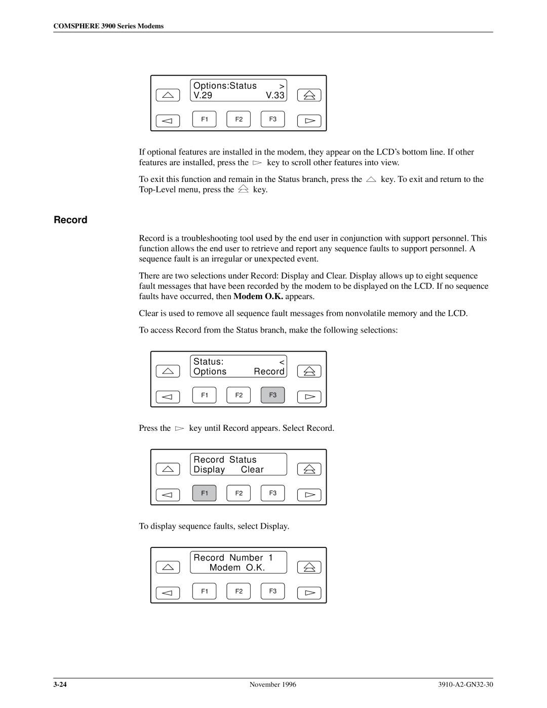 Paradyne 3910 OptionsStatus 29V.33, Status Options Record, Record Status Display Clear, Record Number Modem O.K 