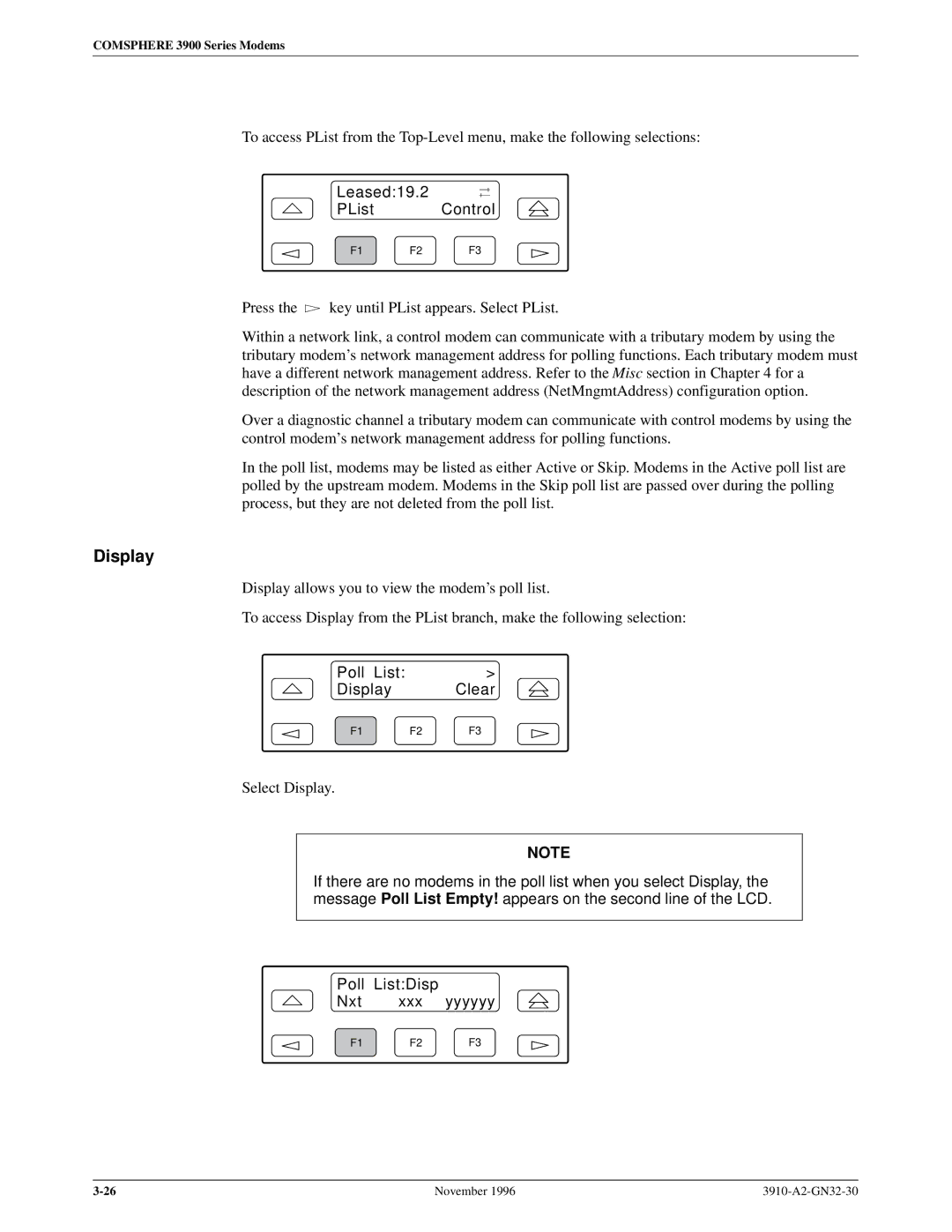 Paradyne 3910 operation manual Leased19.2 PList Control, Poll List Display Clear 