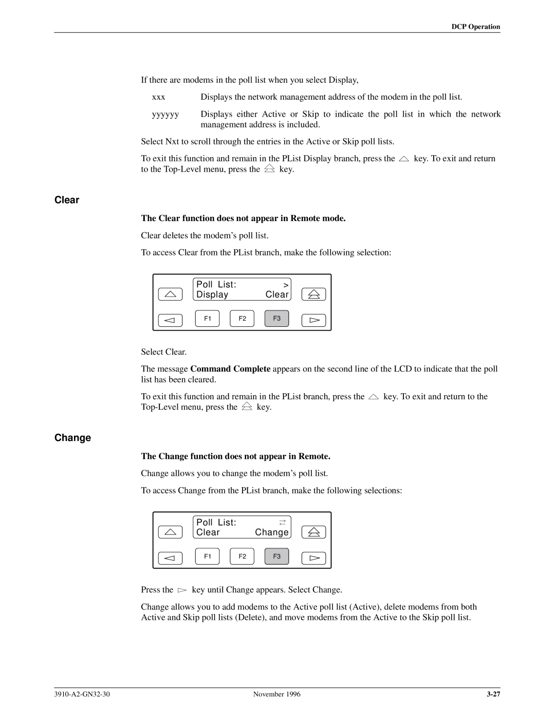 Paradyne 3910 Clear function does not appear in Remote mode, Change function does not appear in Remote 