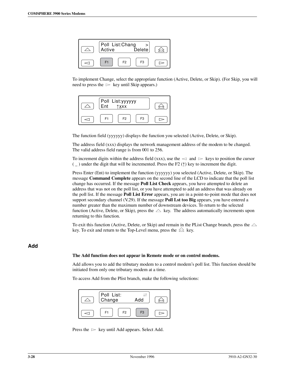 Paradyne 3910 operation manual Poll ListChang Active Delete, Poll Listyyyyyy Ent, Poll List Change Add 