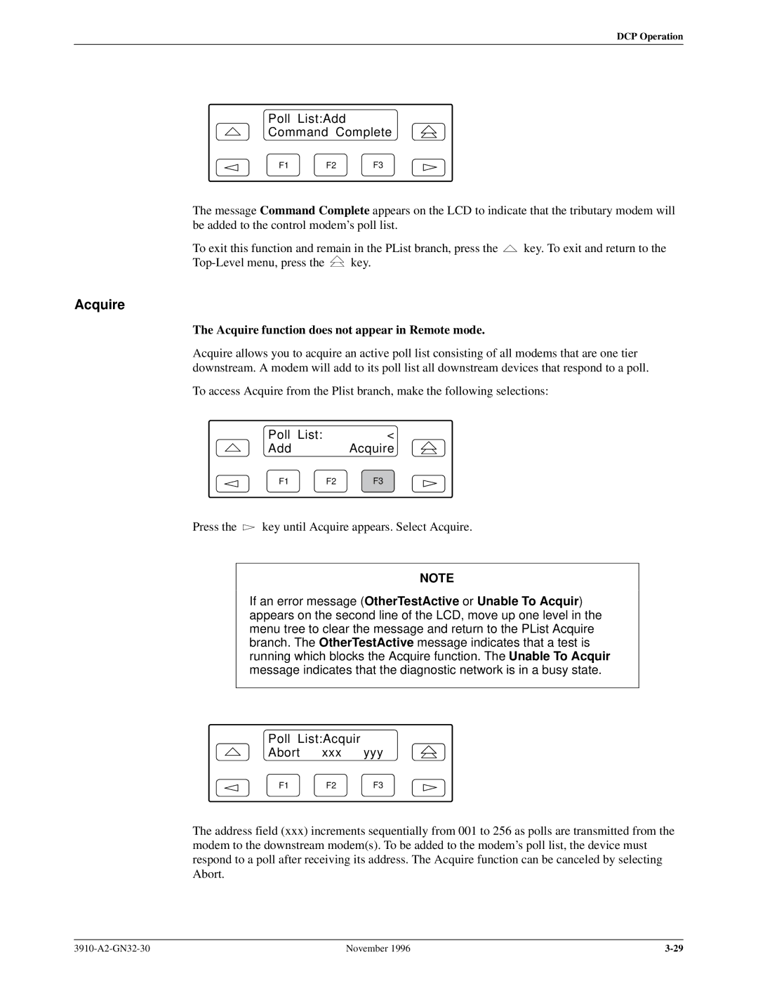 Paradyne 3910 Poll ListAdd Command Complete, Acquire function does not appear in Remote mode, Poll List Add Acquire 