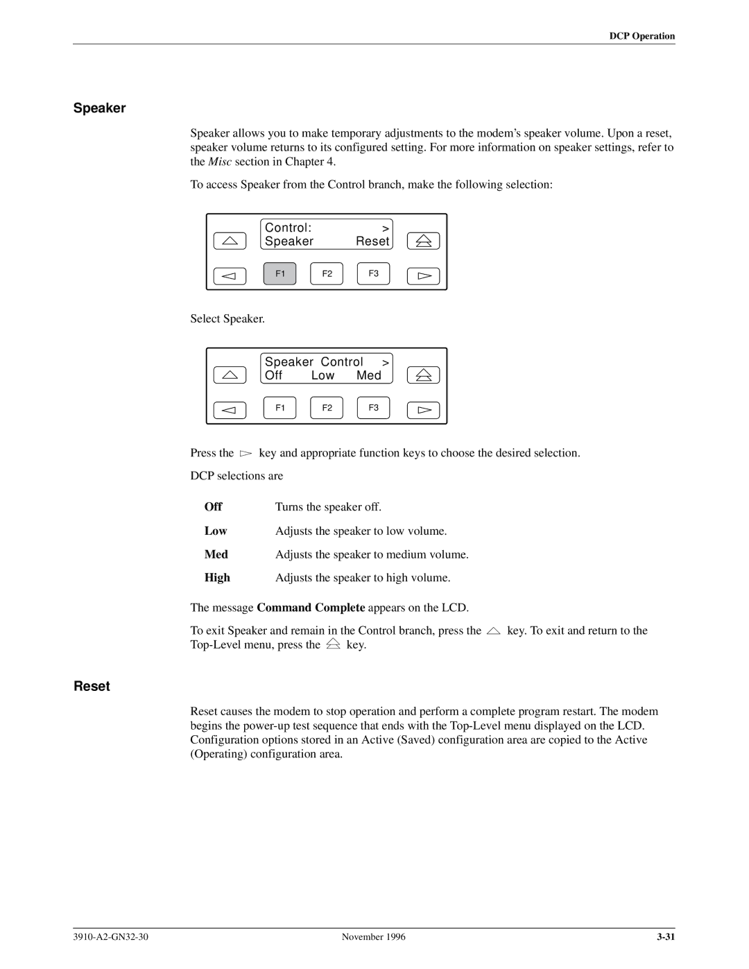 Paradyne 3910 operation manual Control Speaker Reset, Speaker Control Off Low Med 