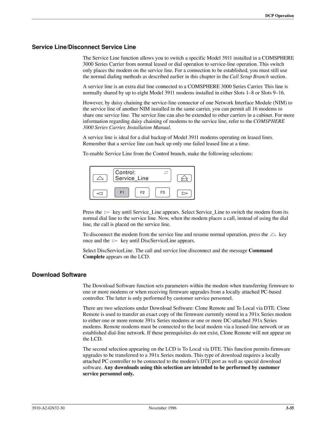 Paradyne 3910 operation manual Service Line/Disconnect Service Line, Download Software, Control ServiceLine 