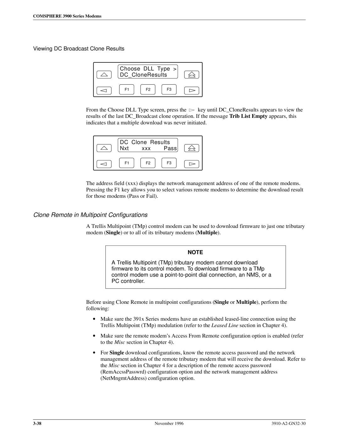 Paradyne 3910 operation manual Clone Remote in Multipoint Configurations, DC Clone Results Nxt xxx Pass 