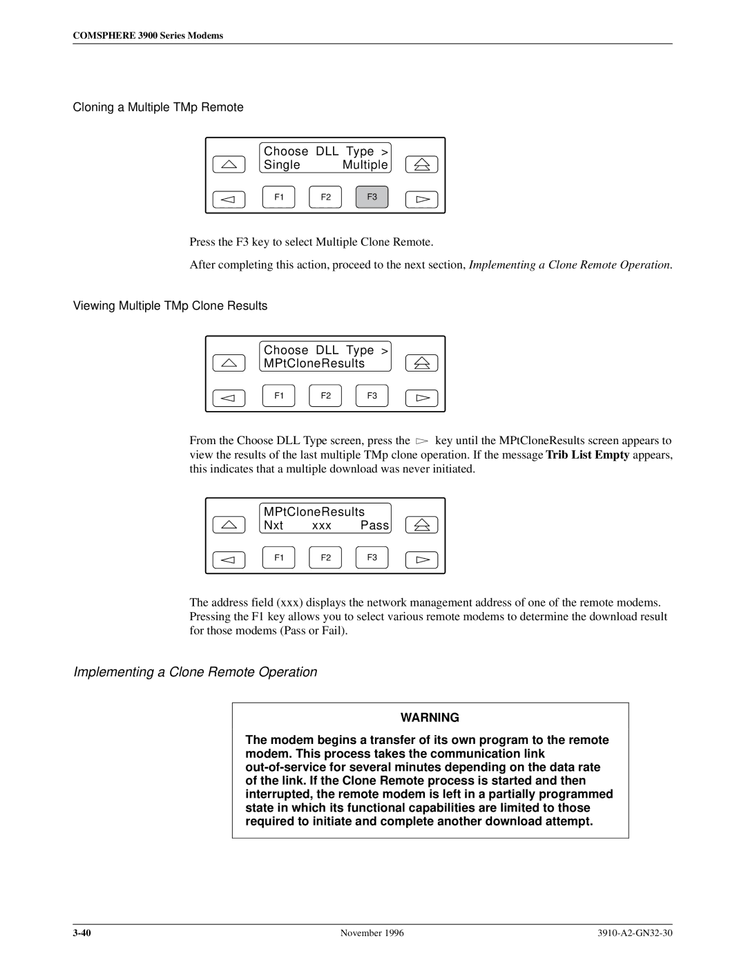 Paradyne 3910 operation manual Implementing a Clone Remote Operation, MPtCloneResults Nxt xxx Pass 