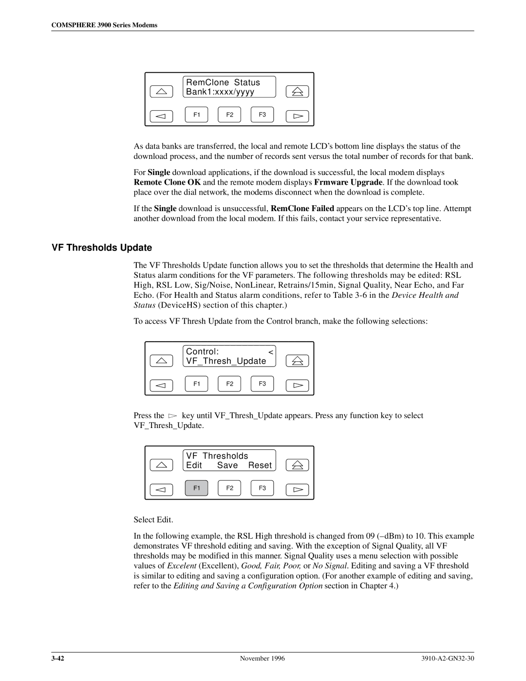 Paradyne 3910 VF Thresholds Update, RemClone Status Bank1xxxx/yyyy, Control VFThreshUpdate, VF Thresholds Edit Save Reset 