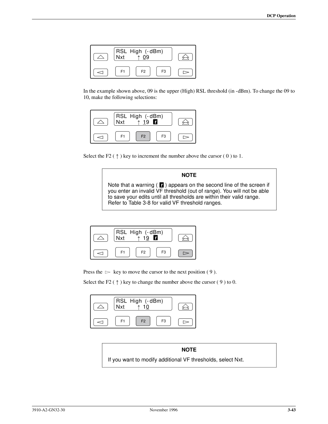 Paradyne 3910 operation manual RSL High dBm Nxt, Refer to -8 for valid VF threshold ranges 