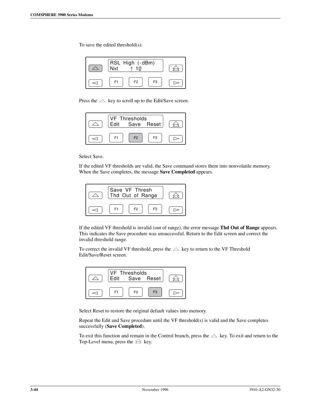 Paradyne 3910 operation manual Save VF Thresh Thd Out of Range 