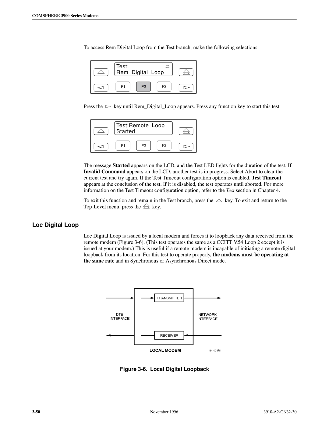 Paradyne 3910 operation manual Loc Digital Loop, Test RemDigitalLoop, TestRemote Loop Started 