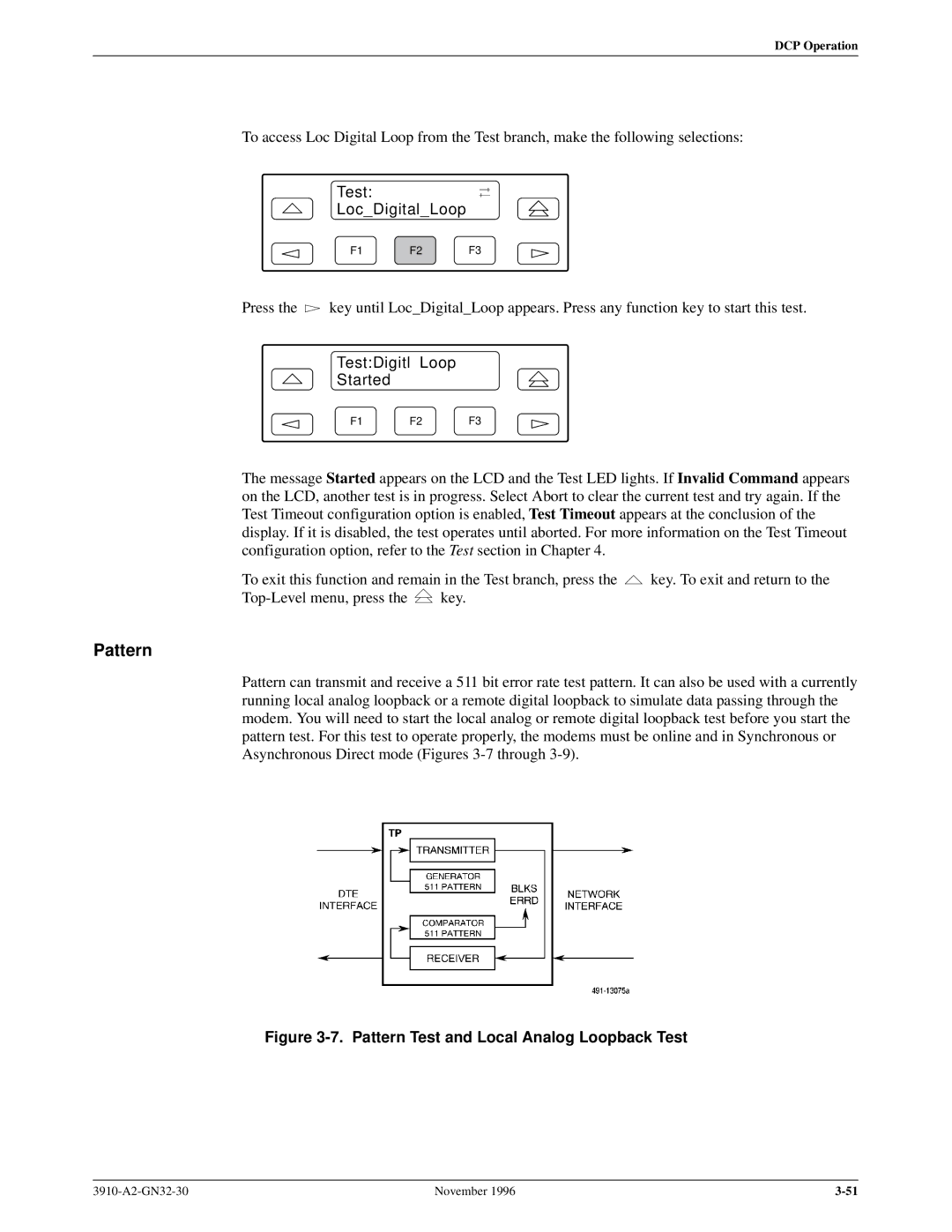 Paradyne 3910 operation manual Pattern, Test LocDigitalLoop, TestDigitl Loop Started 