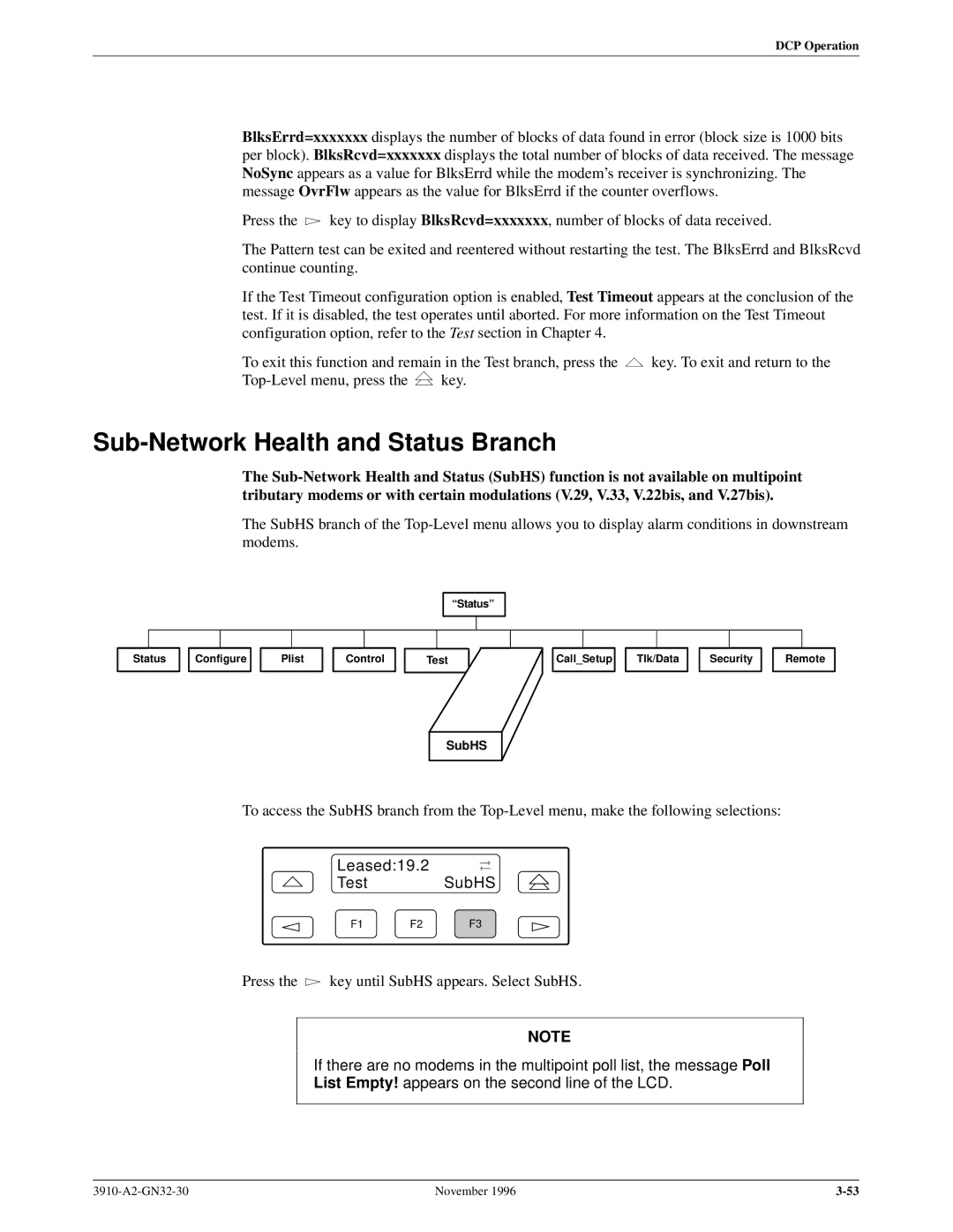 Paradyne 3910 operation manual Sub-Network Health and Status Branch, Leased19.2 TestSubHS 