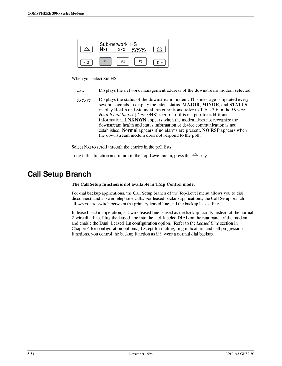 Paradyne 3910 Call Setup Branch, Sub-network HS Nxt Xxx Yyyyyy, Call Setup function is not available in TMp Control mode 