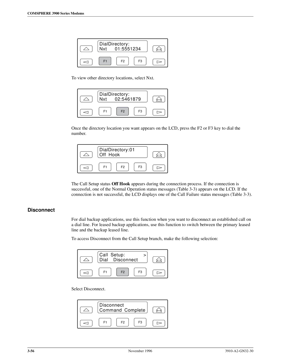 Paradyne 3910 operation manual DialDirectory Nxt, DialDirectory01 Off Hook, Disconnect Command Complete 