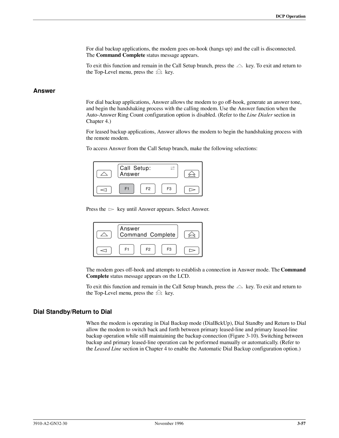 Paradyne 3910 operation manual Dial Standby/Return to Dial, Call Setup Answer, Answer Command Complete 