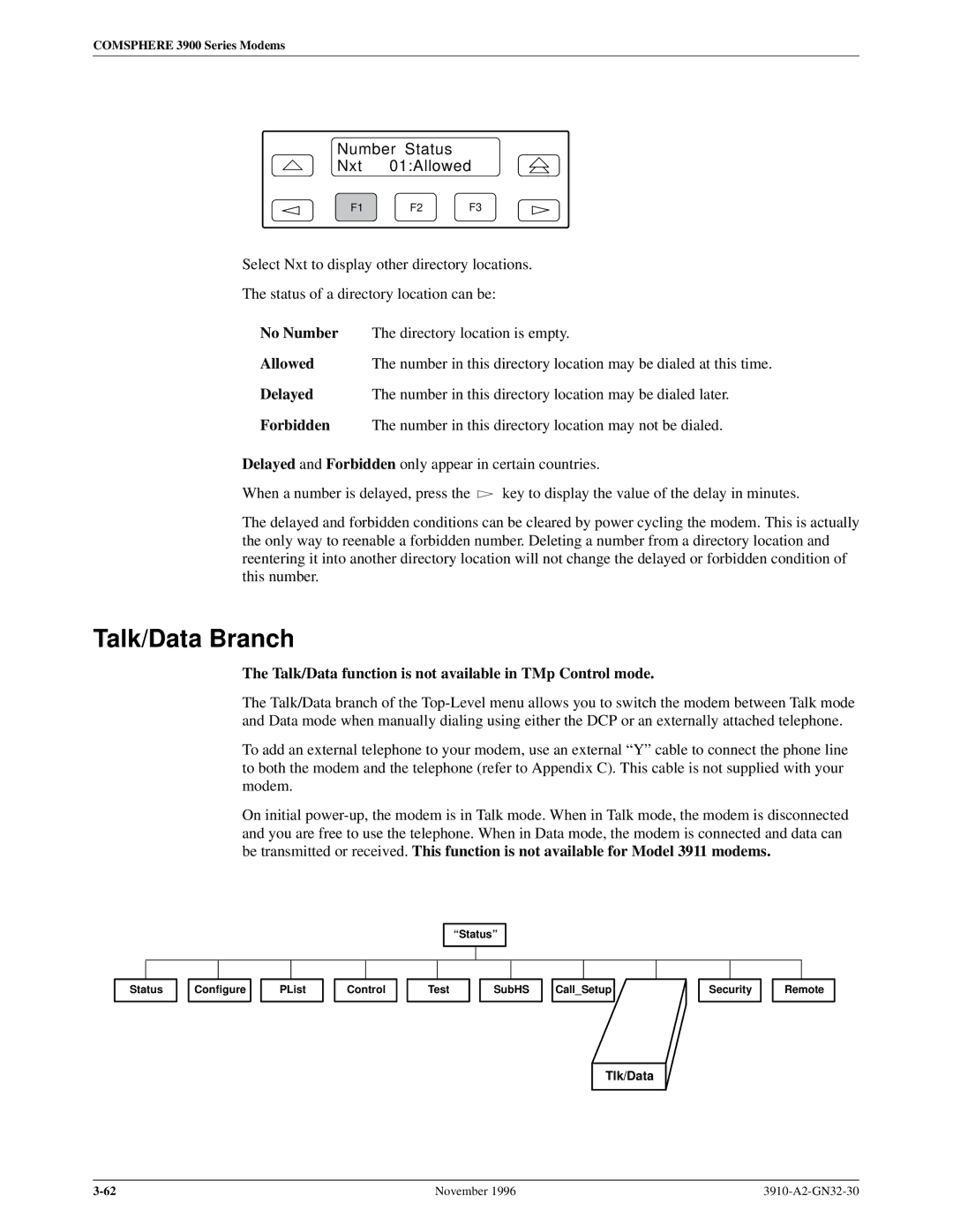 Paradyne 3910 Talk/Data Branch, Number Status Nxt 01Allowed, Talk/Data function is not available in TMp Control mode 