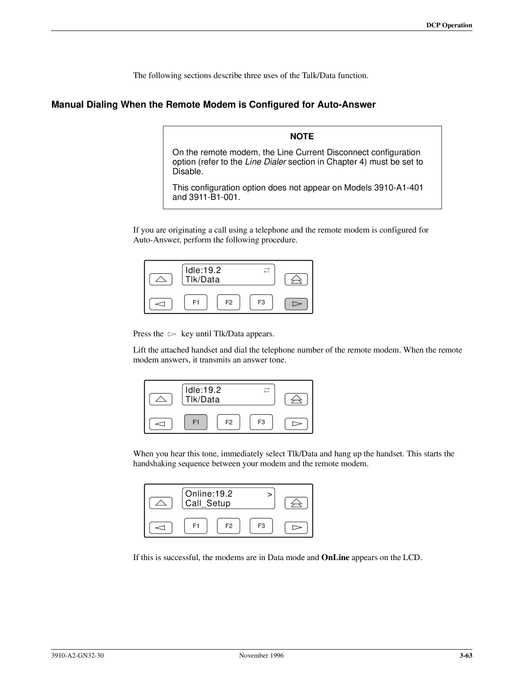 Paradyne 3910 operation manual Idle19.2 Tlk/Data, Online19.2 CallSetup 