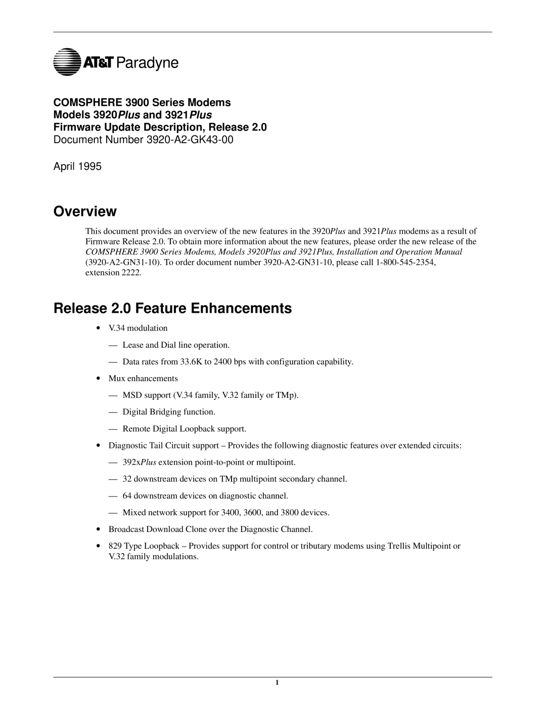 Paradyne 3920, 3921 manual Paradyne, Overview Release 2.0 Feature Enhancements 