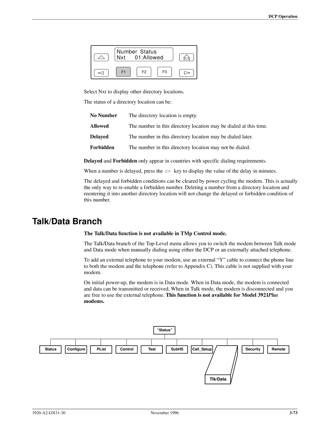 Paradyne 392xPLUS Talk/Data Branch, Number Status Nxt 01Allowed, Talk/Data function is not available in TMp Control mode 