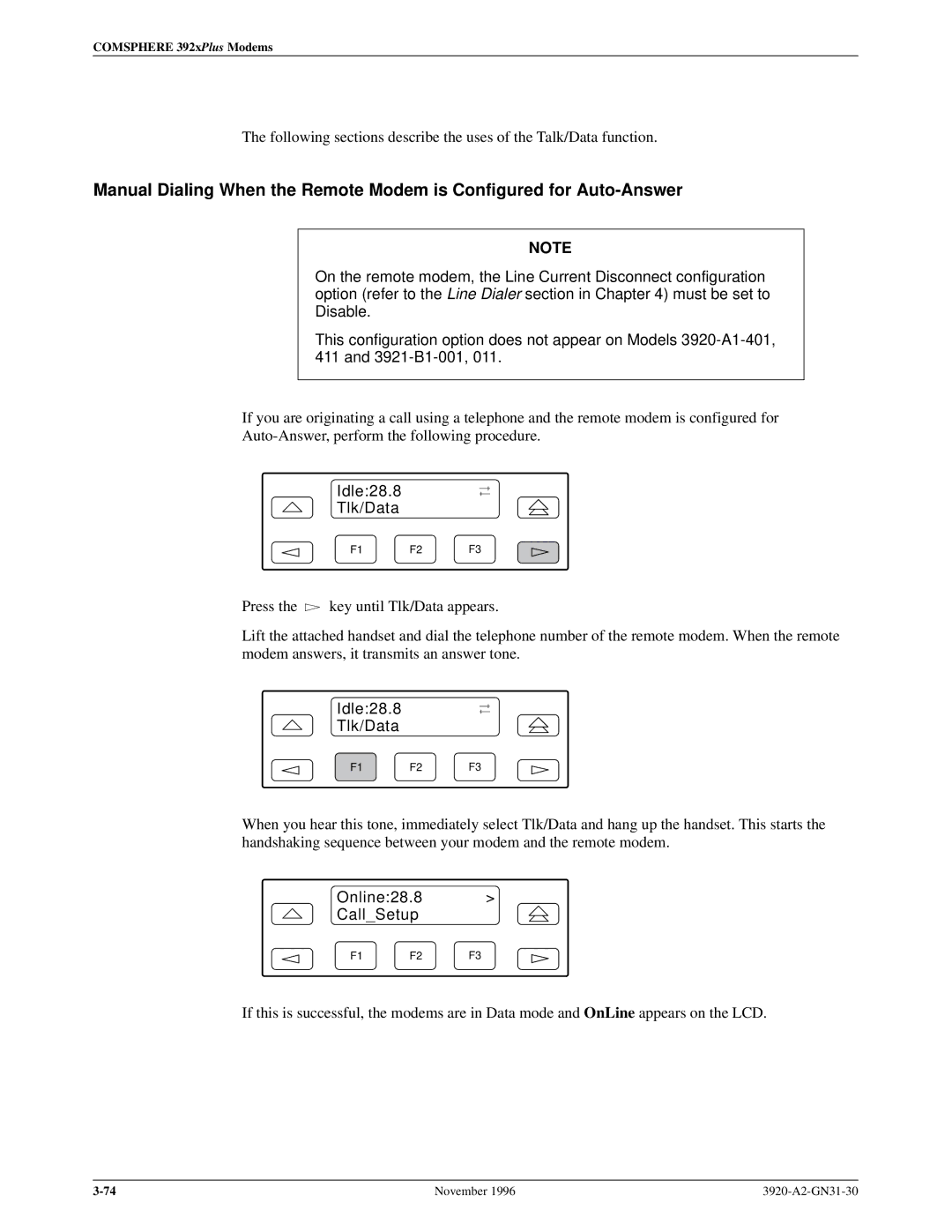 Paradyne 392xPLUS operation manual Idle28.8 Tlk/Data, Online28.8 CallSetup 